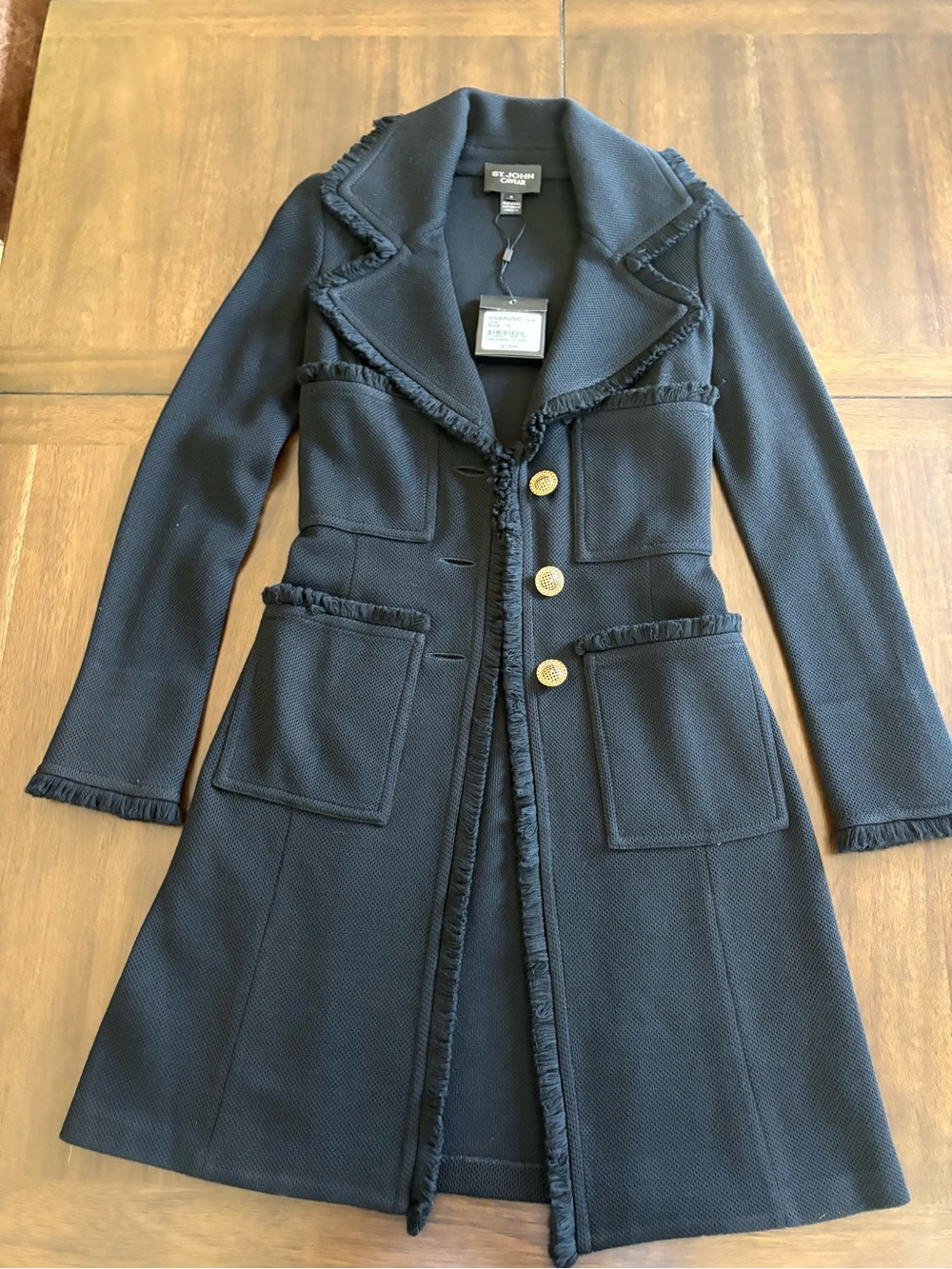 St. John Elegant Black Fringe-Trim Coat with Decorative Gold Buttons